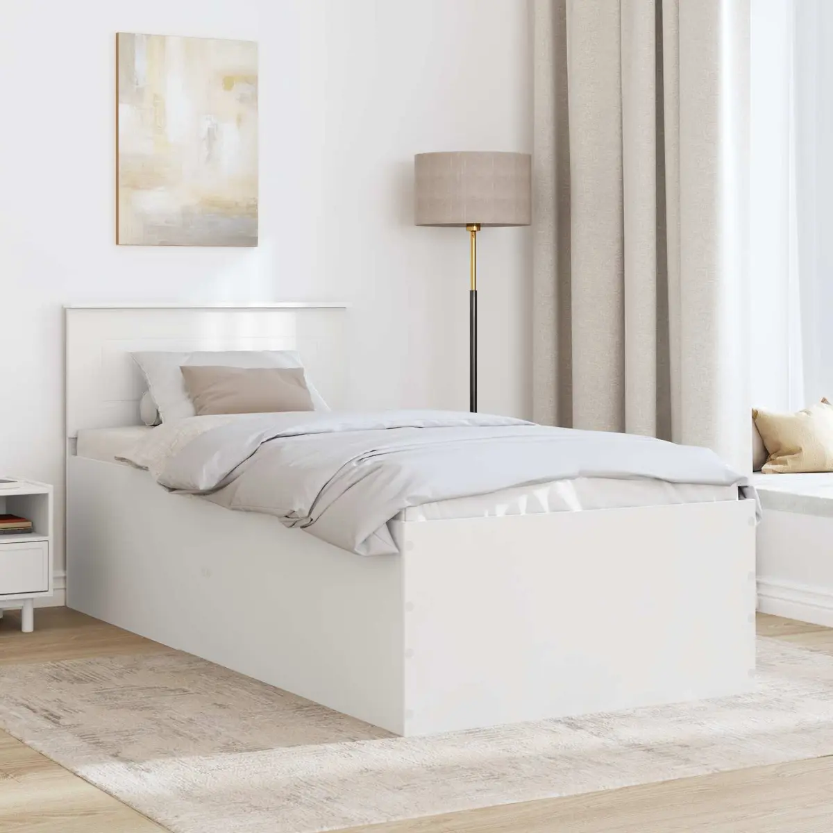 Bed Frame Engineered Wood White 90x190cm with Integrated Headboard for Contemporary Bedroom