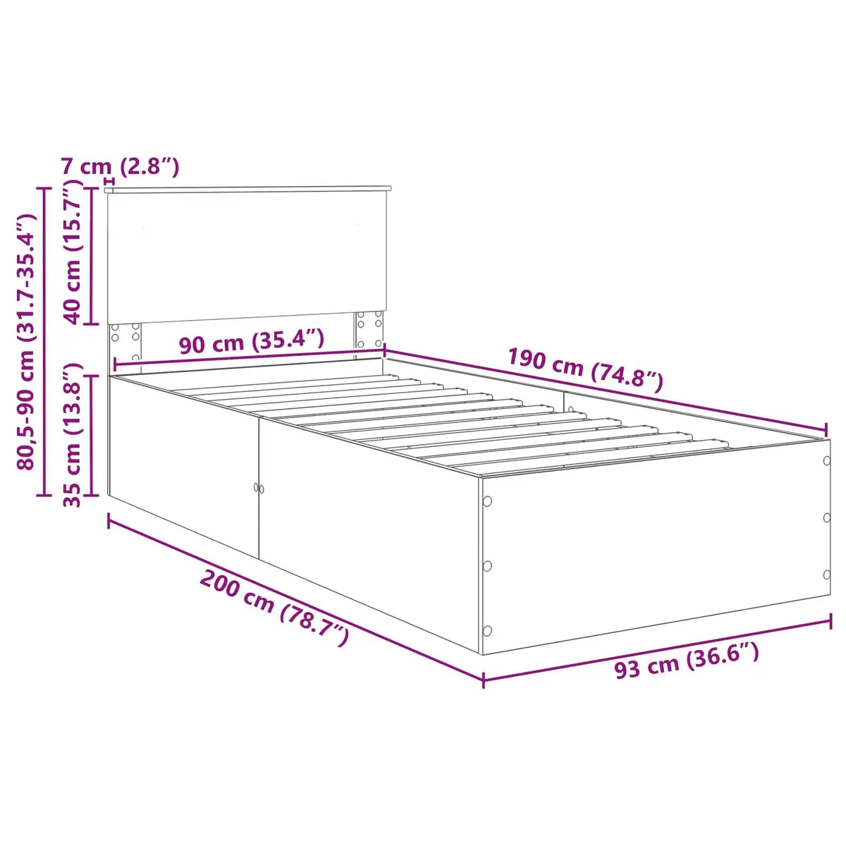 Bed Frame Platform Engineered Wood 90 x 190 cm White with Headboard Slatted Base