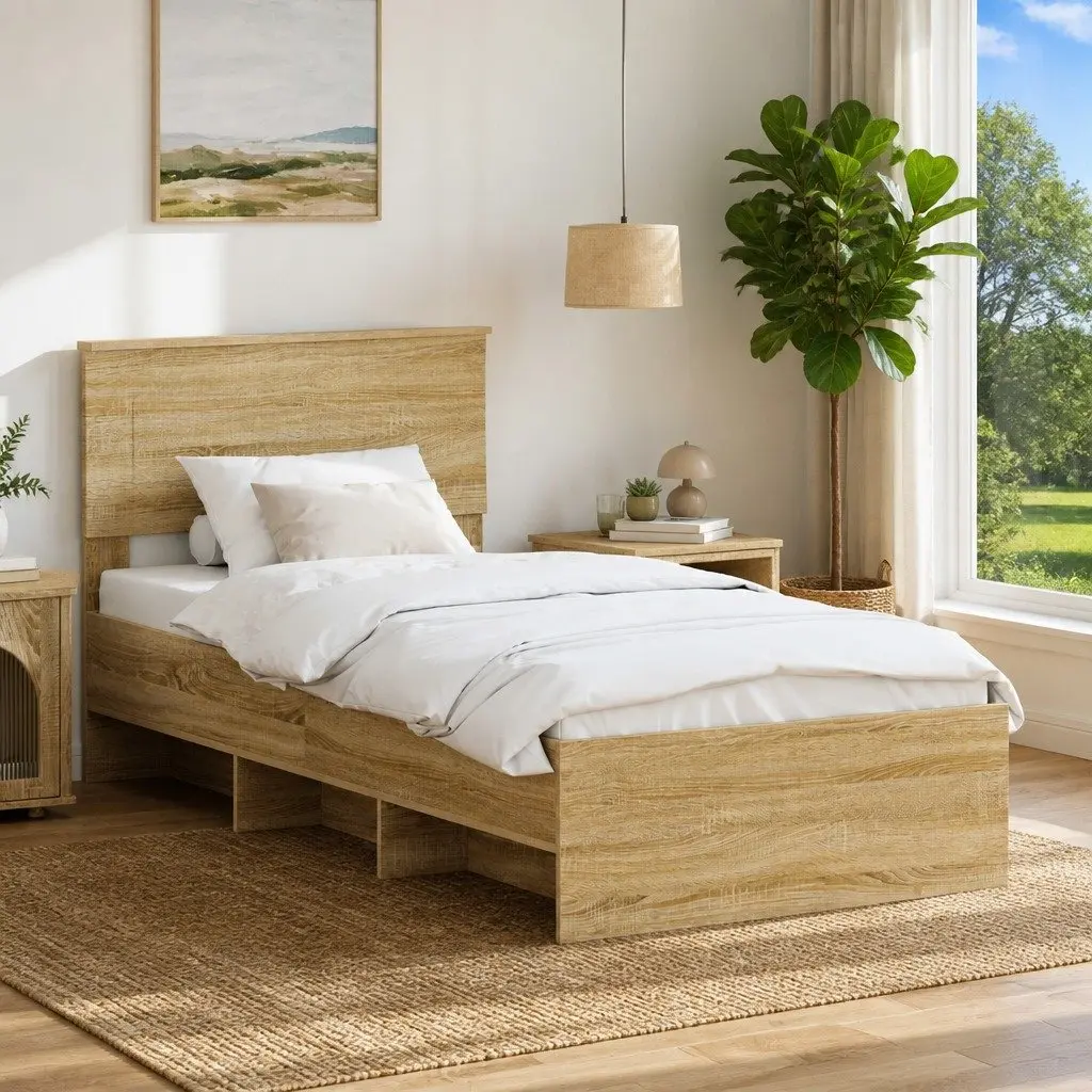 Bed Frame with Headboard Brown 90 x 200 cm Engineered Wood Modern Bedroom