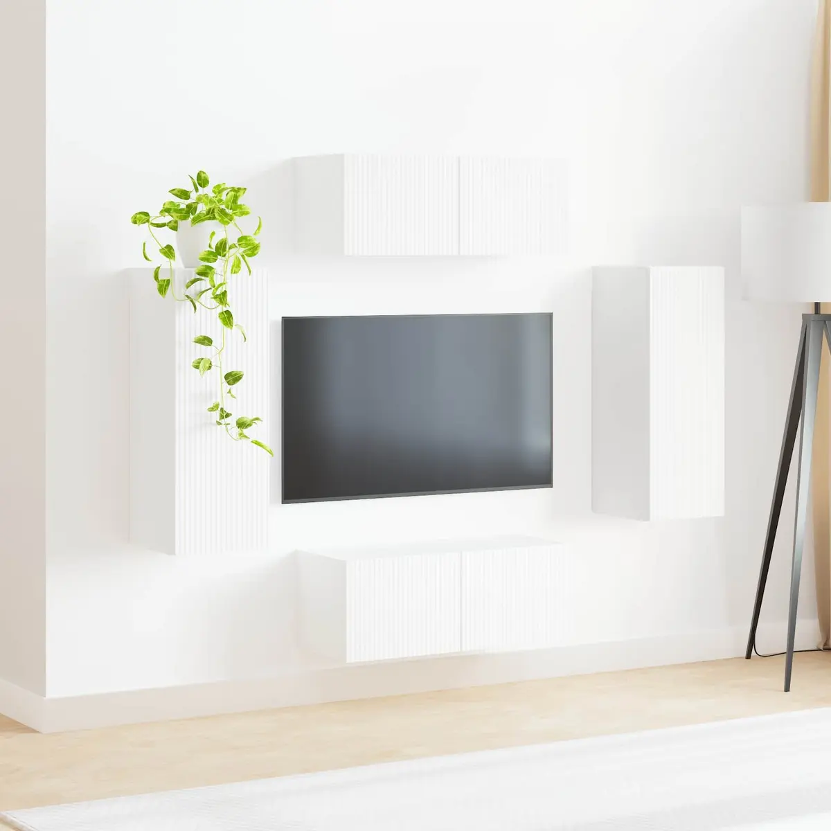 TV Wall Cabinet Set Engineered Wood 4 Piece White Modern Wall-Mounted Storage Shelves