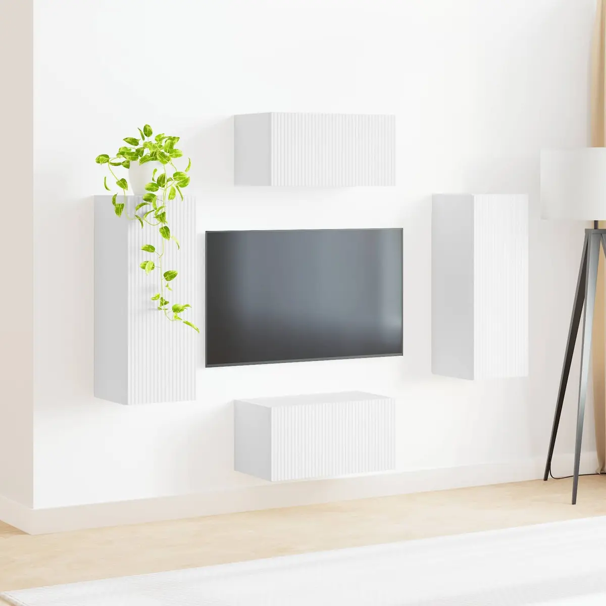 Wall-mounted TV Cabinet Set Engineered Wood 2 Pieces White Modern Living Room Storage Unit