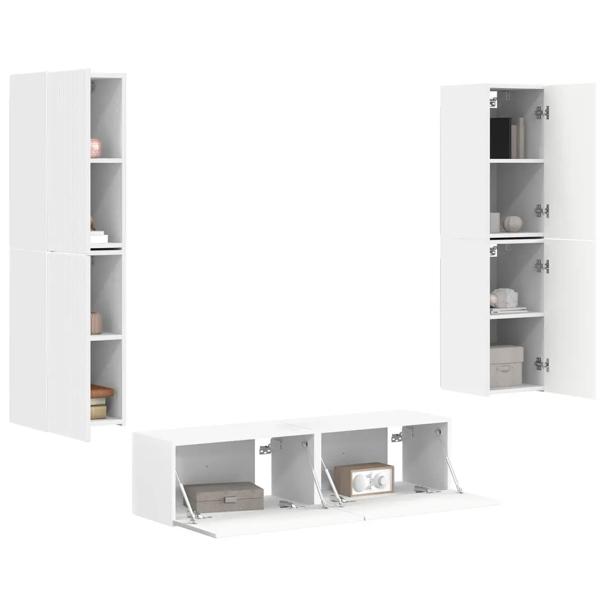 TV Cabinet Set Engineered Wood Composite 6 Piece White Modern Storage Unit with Shelves Drawers and LED Lights