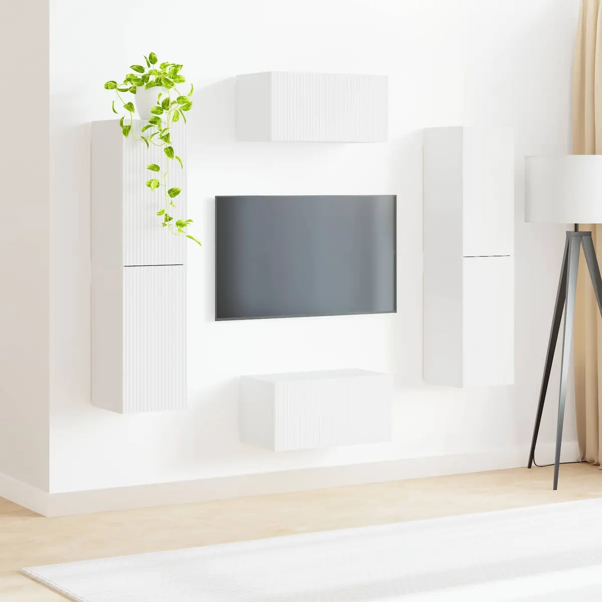 TV Cabinet Set Engineered Wood Composite 6 Piece White Modern Storage Unit with Shelves Drawers and LED Lights