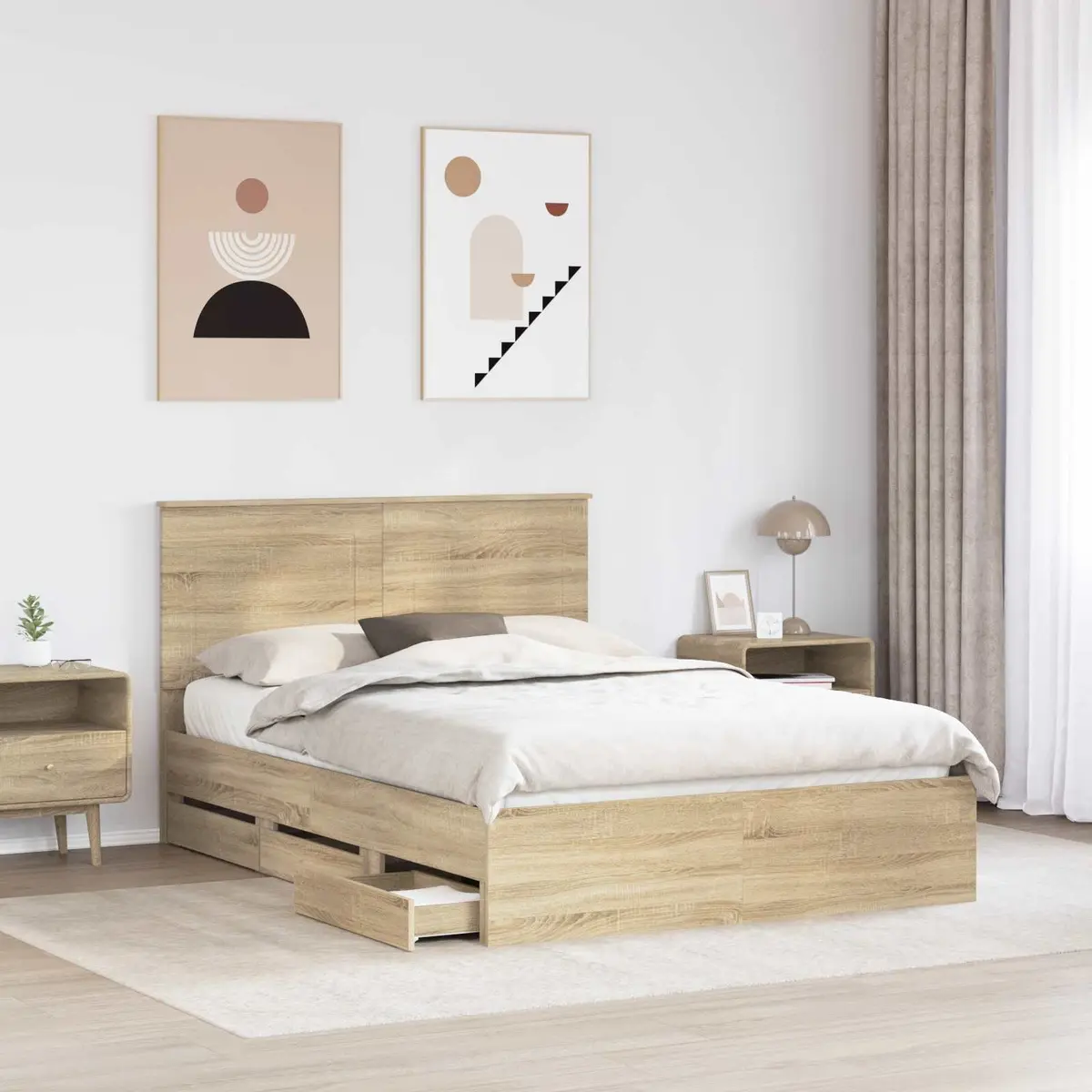 Bed Frame Engineered Wood 150 x 200 cm Brown Modern with Storage Drawer