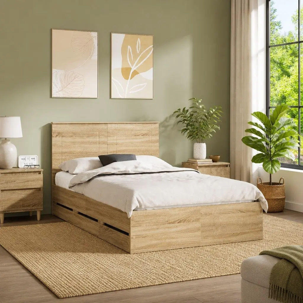 Storage Drawer Bed Frame Engineered Wood 135 x 190 cm Modern Sonoma Oak