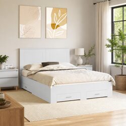Functional White Bed Frame with Headboard and Drawers
