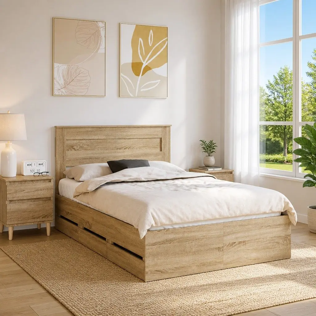 Storage Drawer Bed Frame Engineered Wood 135 x 190 cm Brown Sonoma Oak