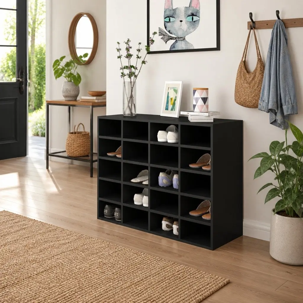 Shoe Organiser Wall Mount Black Engineered Wood 20 Compartments Storage Rack 92 x 30 x 67.5 cm
