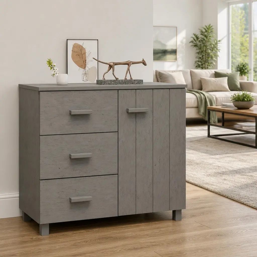 Sideboard Solid Pinewood Grey 90cm W x 40cm D x 80cm H with 1 Door and 3 Sliding Drawers Storage Cabinet