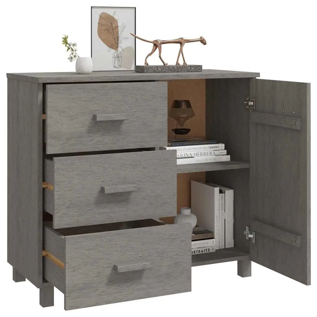 Sideboard Solid Pinewood Grey 90cm W x 40cm D x 80cm H with 1 Door and 3 Sliding Drawers Storage Cabinet