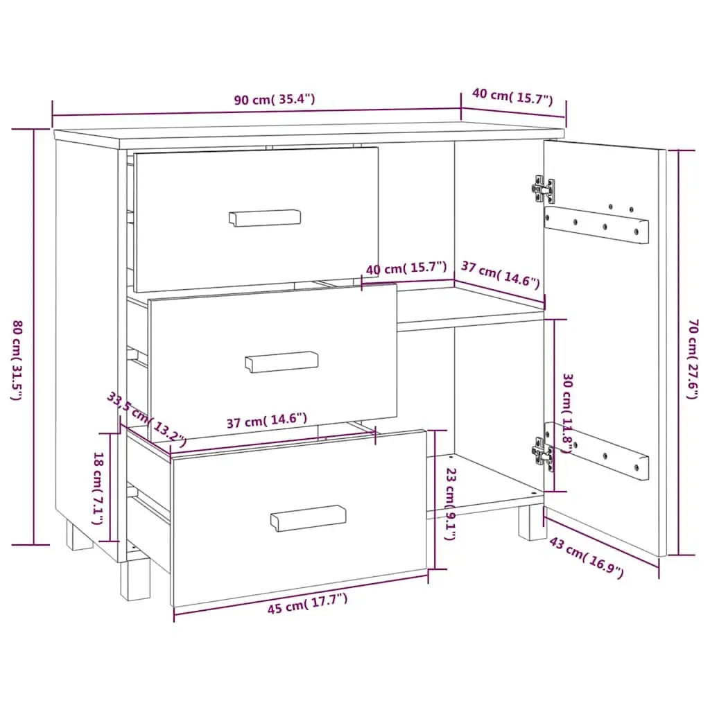 Sideboard Solid Pinewood Grey 90cm W x 40cm D x 80cm H with 1 Door and 3 Sliding Drawers Storage Cabinet
