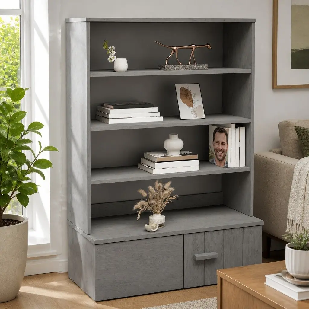 Grey Pinewood Highboard Storage Unit 90x30x100cm