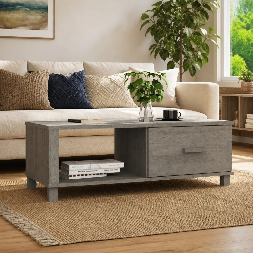 Grey Wooden Coffee Table with Storage Compartment and Drawer Solid Pinewood 100x55x35cm