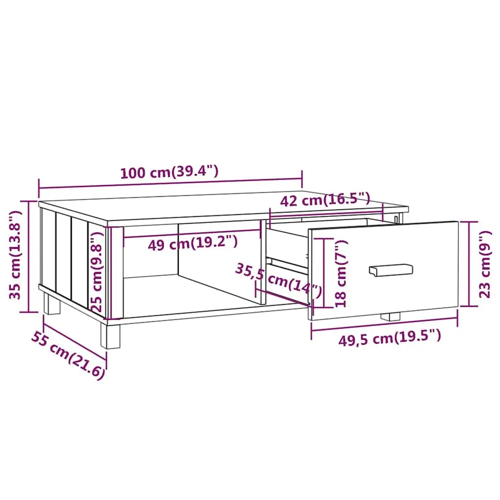 Grey Wooden Coffee Table with Storage Compartment and Drawer Solid Pinewood 100x55x35cm