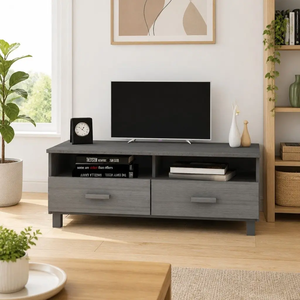 TV Cabinet Grey Wooden Storage Unit with Sliding Drawers and Compartments