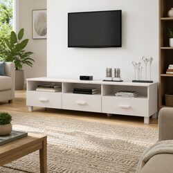 TV Cabinet White Storage Unit 3 Drawers 3 Compartments Solid Pine Wood 158cm