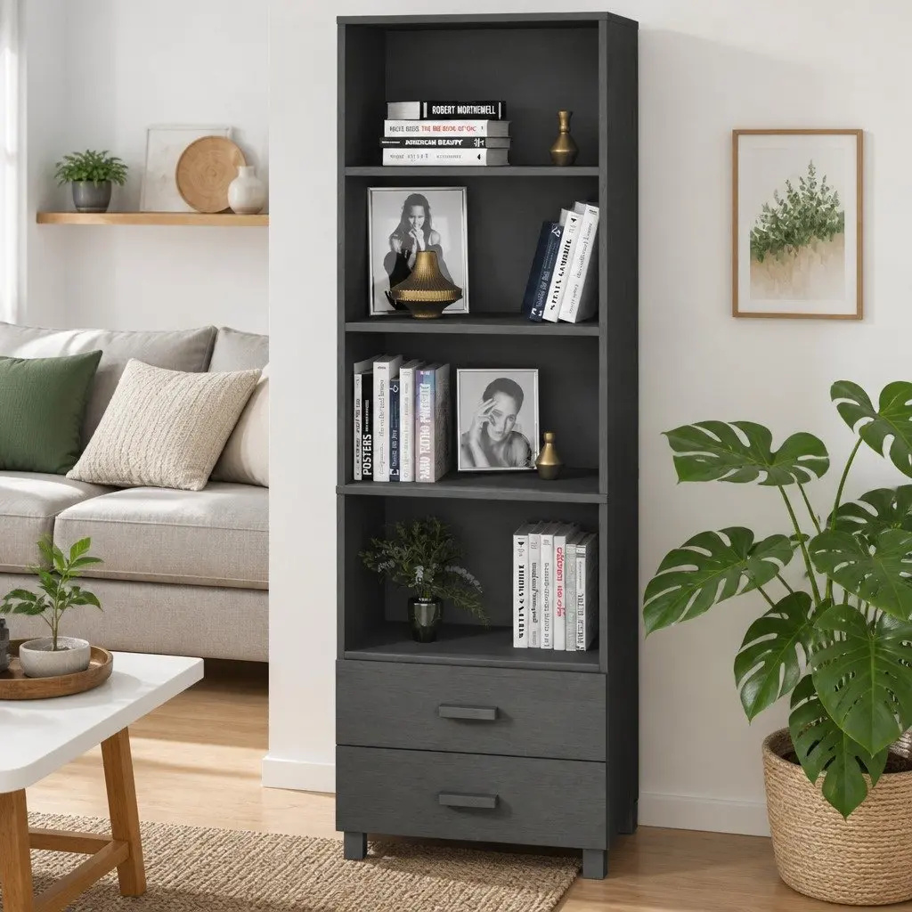 Highboard Cabinet Grey Solid Pinewood 60x35x180cm Storage with Shelves and Drawers