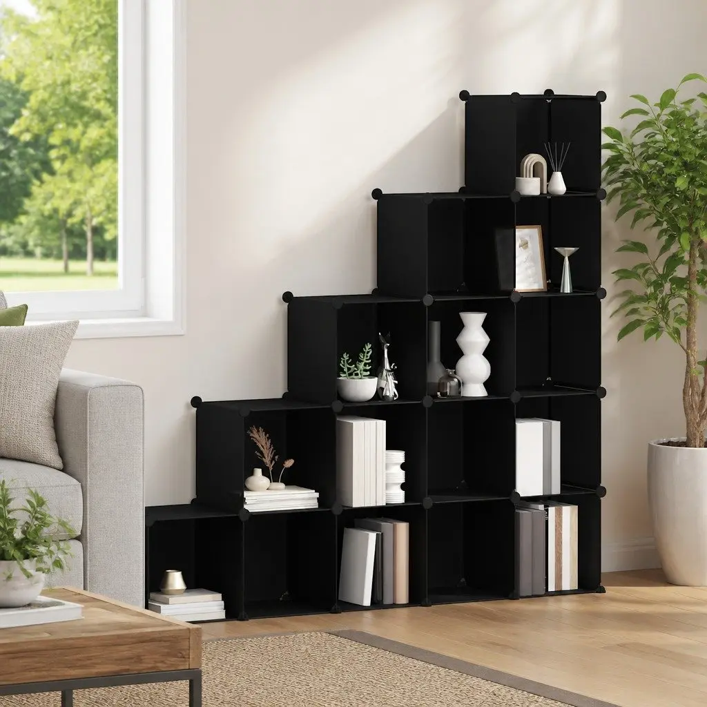 Storage Cube Organiser Modular Plastic 15 Cubes Black