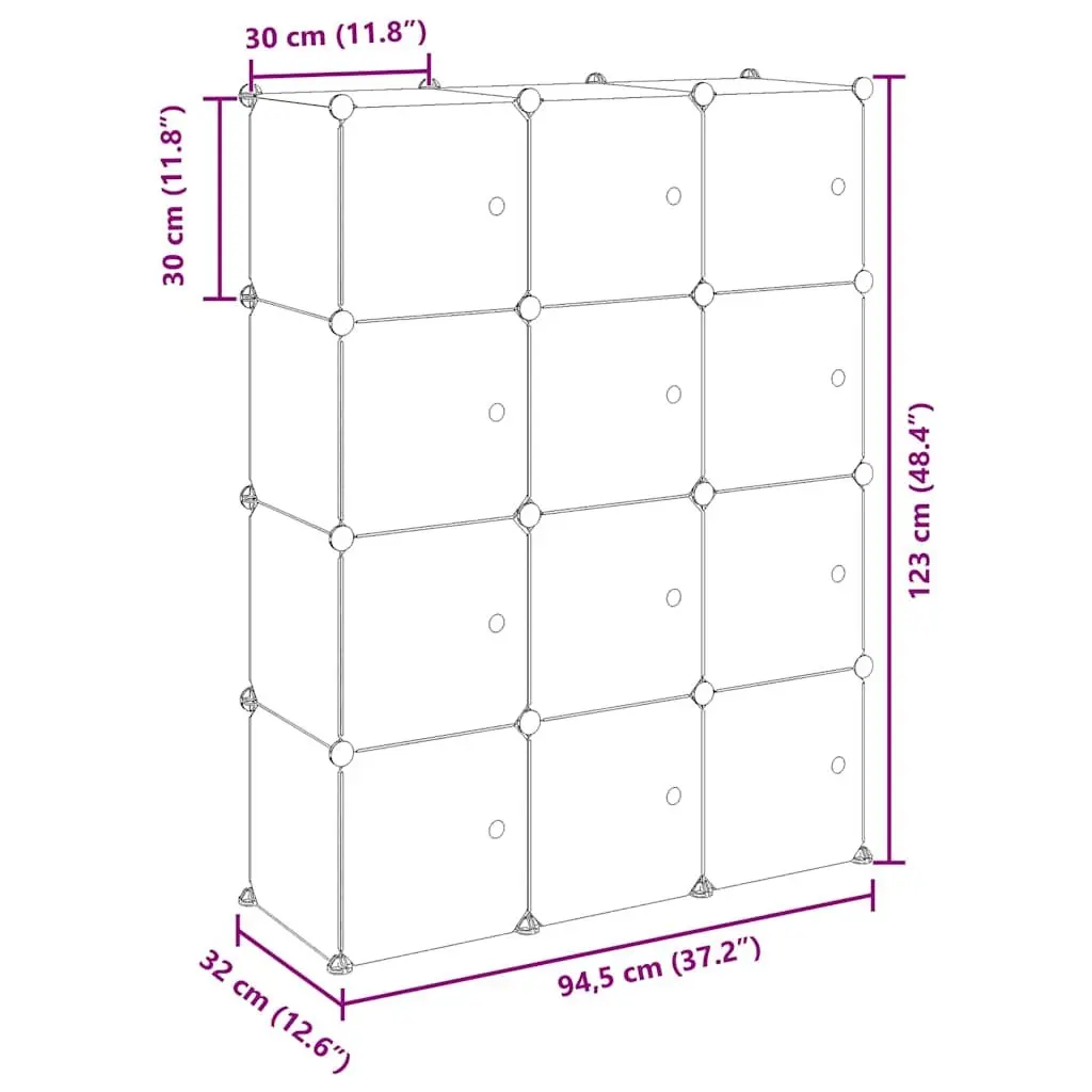 Storage Cube Organiser Steel Frame 12 Cubes Transparent Panels