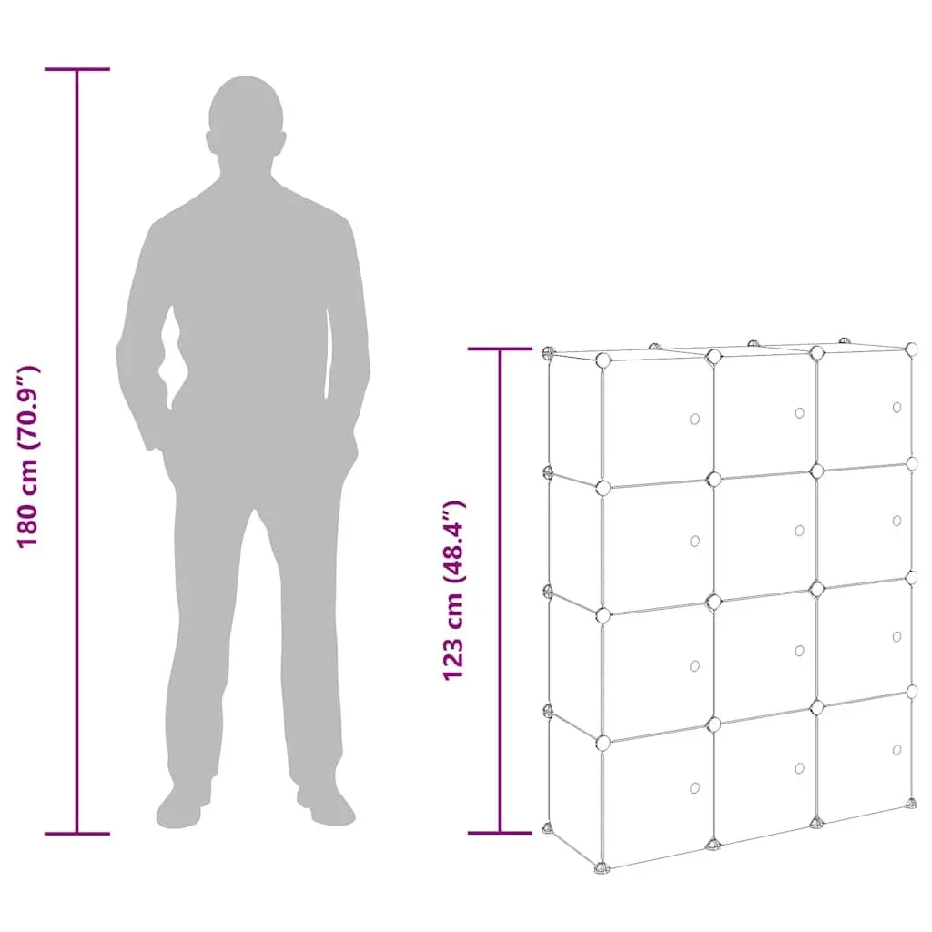 Storage Cube Organiser Steel Frame 12 Cubes Transparent Panels