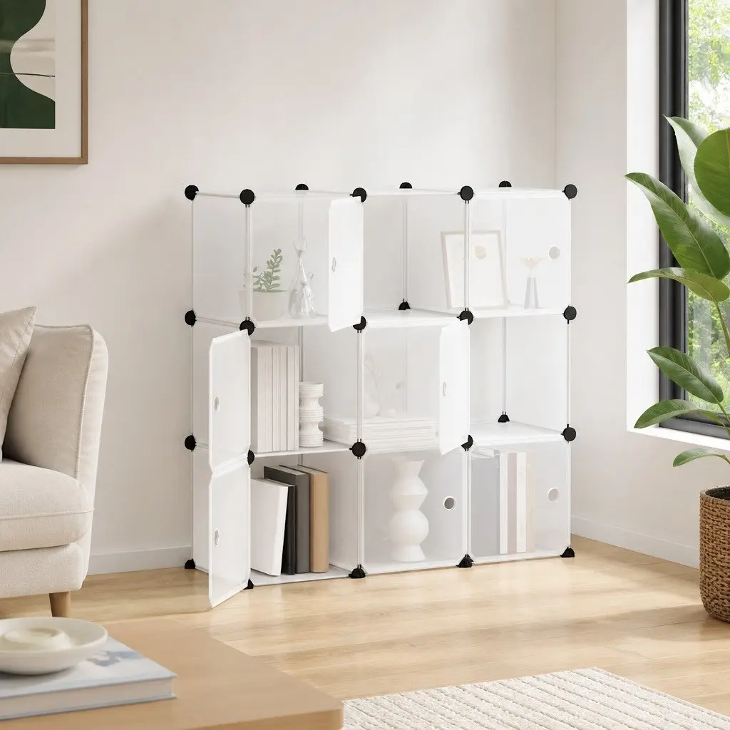 Storage Cube Organiser Steel Frame 9 Cubes Transparent Plastic Shelving Unit