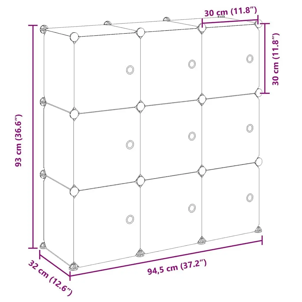 Storage Cube Organiser Steel Frame 9 Cubes Transparent Plastic Shelving Unit