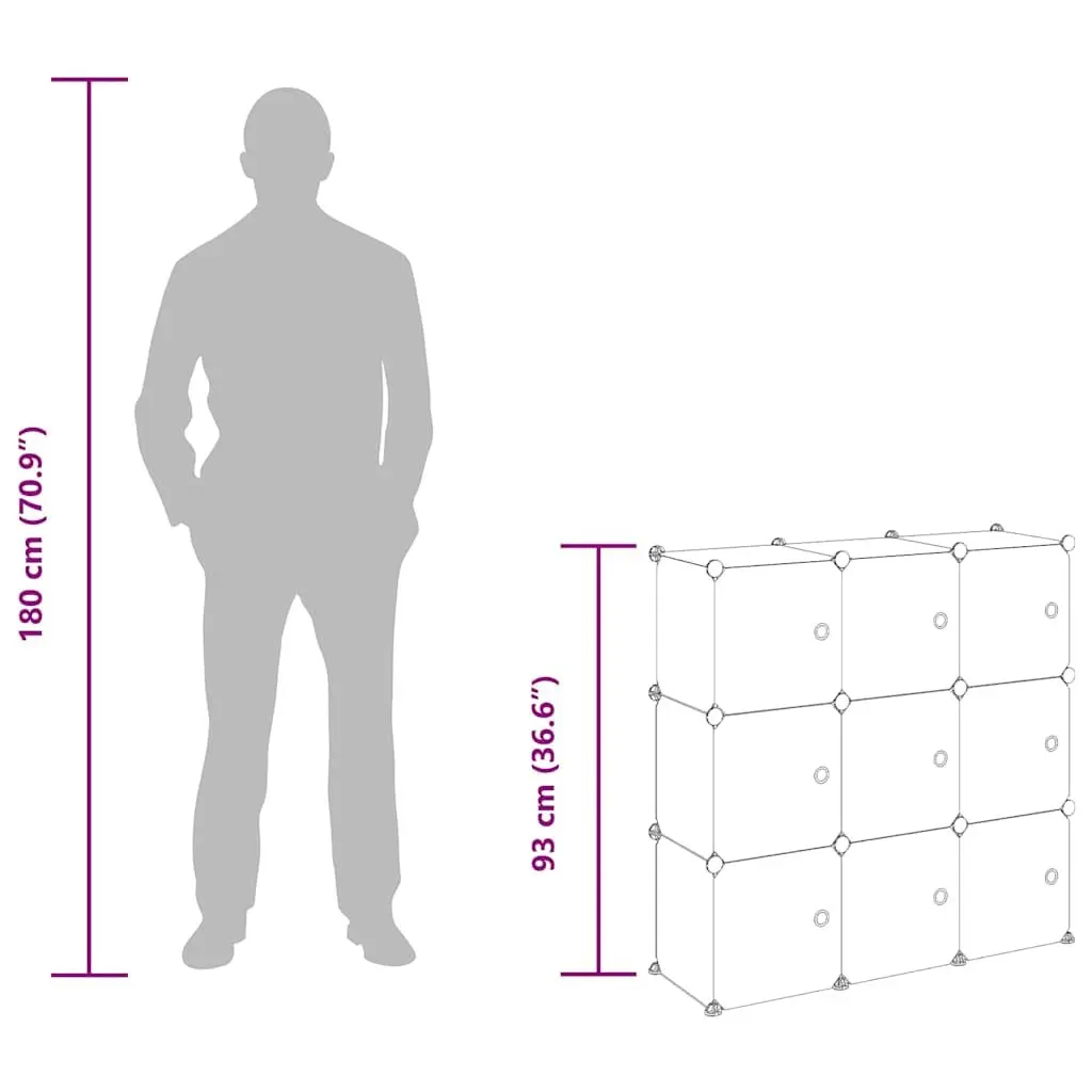 Storage Cube Organiser Steel Frame 9 Cubes Transparent Plastic Shelving Unit