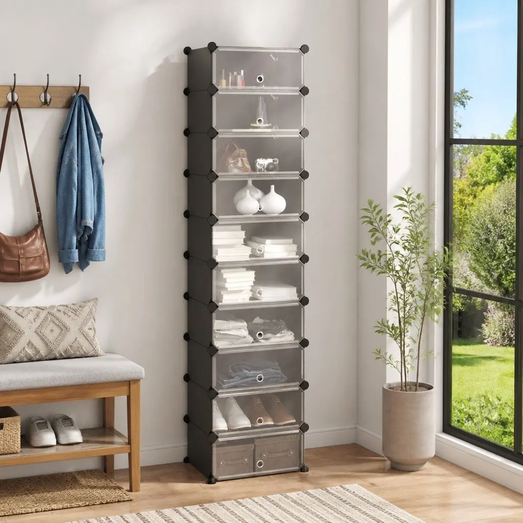 Shoe Rack Storage Organiser PP Plastic Panels Steel Frame 44x32x174 cm Black