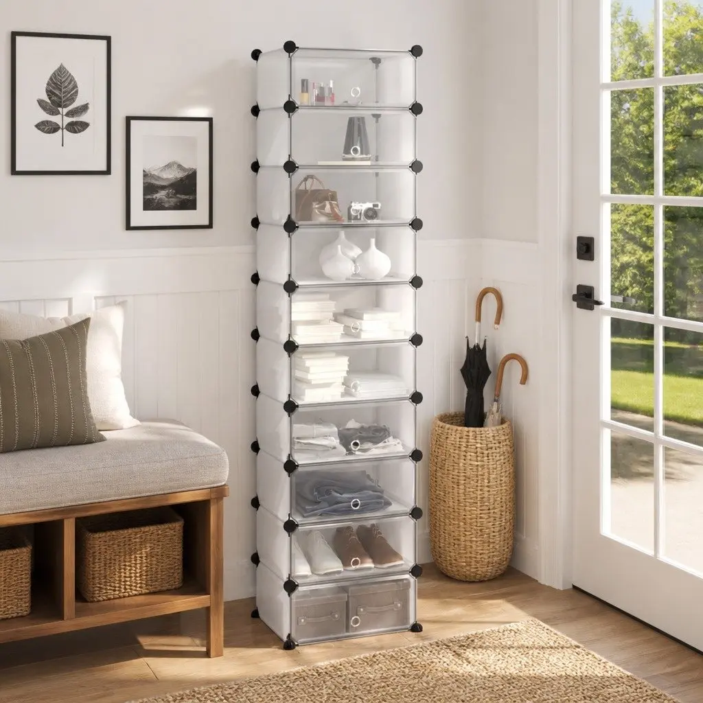 Shoe Rack PP Plastic Transparent 44x32x174cm Shelving Unit