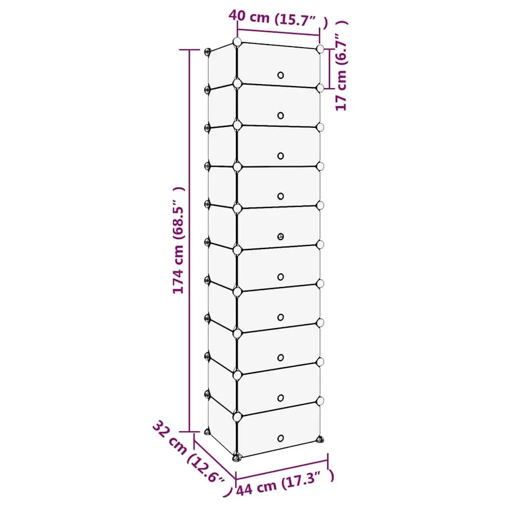 Shoe Rack PP Plastic Transparent 44x32x174cm Shelving Unit