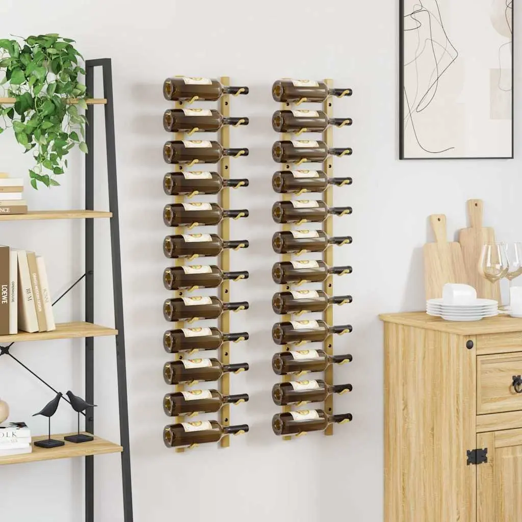 Wall Mounted Wine Rack Iron Set of 2 12 Bottle Storage Gold Modern