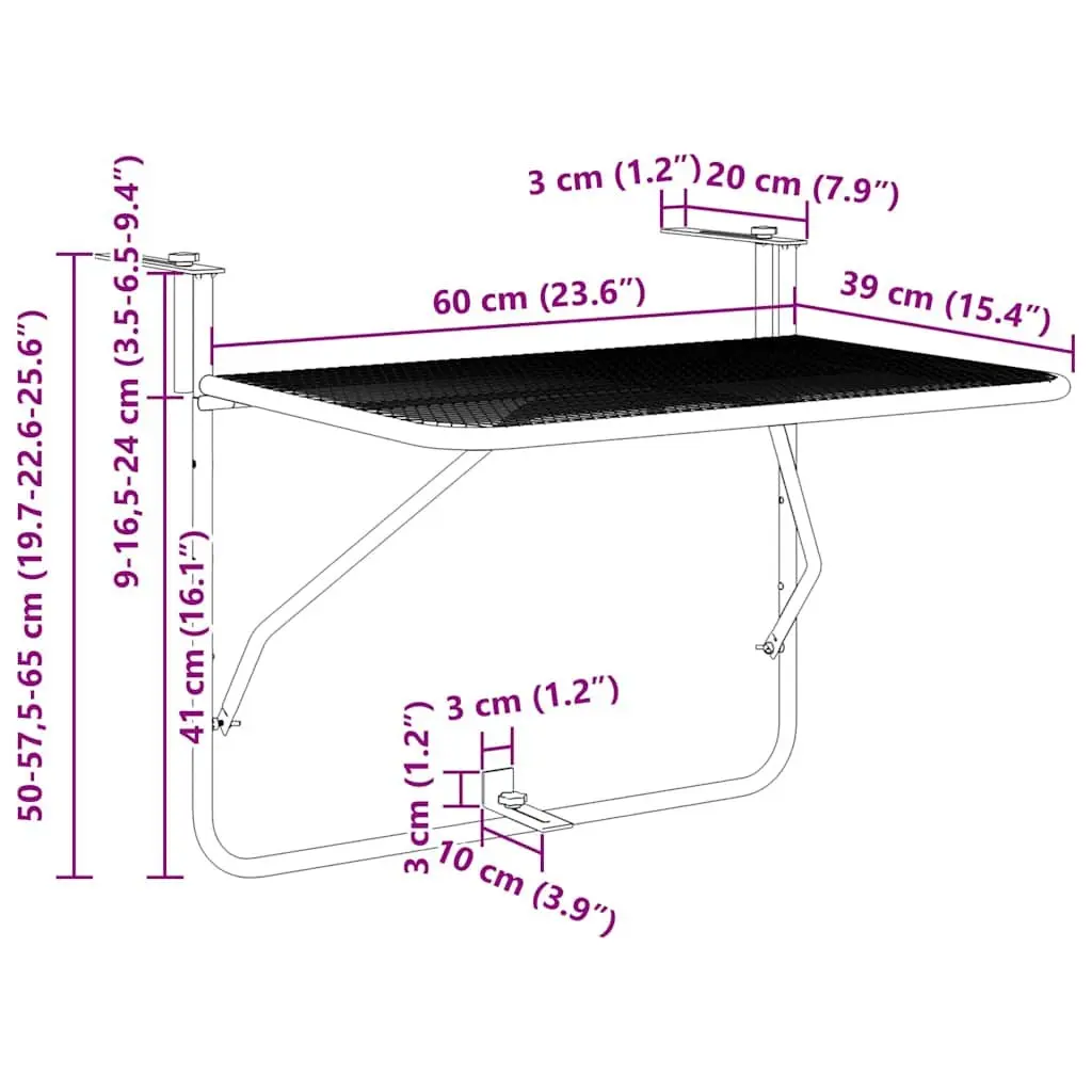 Balcony Table Steel Frame Foldable 60 x 40 cm White Outdoor Patio Railing Coffee Side Table
