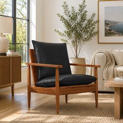 Armchair Black Real Leather Solid Wood Acacia Single Sofa Chair Lounge Seating