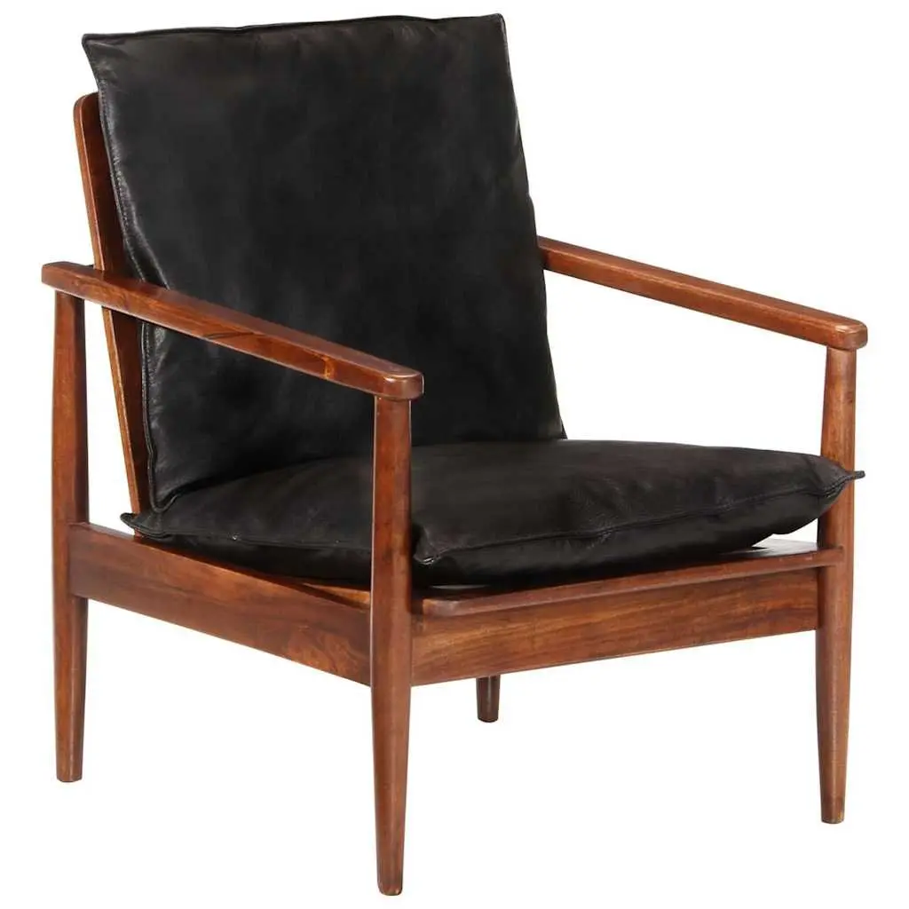 Armchair Real Leather Solid Wood Acacia Single Sofa Chair Black