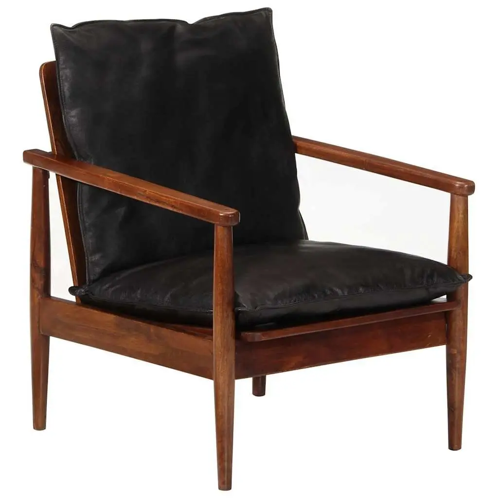 Armchair Real Leather Solid Wood Acacia Single Sofa Chair Black