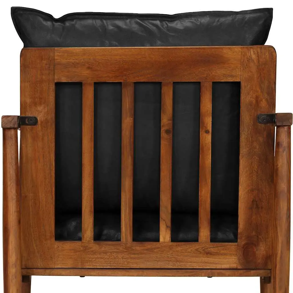 Armchair Real Leather Solid Wood Acacia Single Sofa Chair Black