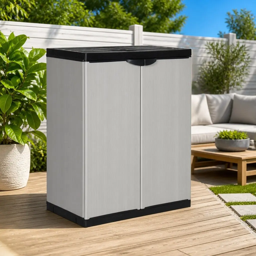 Garden Storage Cabinet Grey PVC 68W x 40D x 85H cm with 1 Shelf Outdoor Patio Deck Lockable Organiser