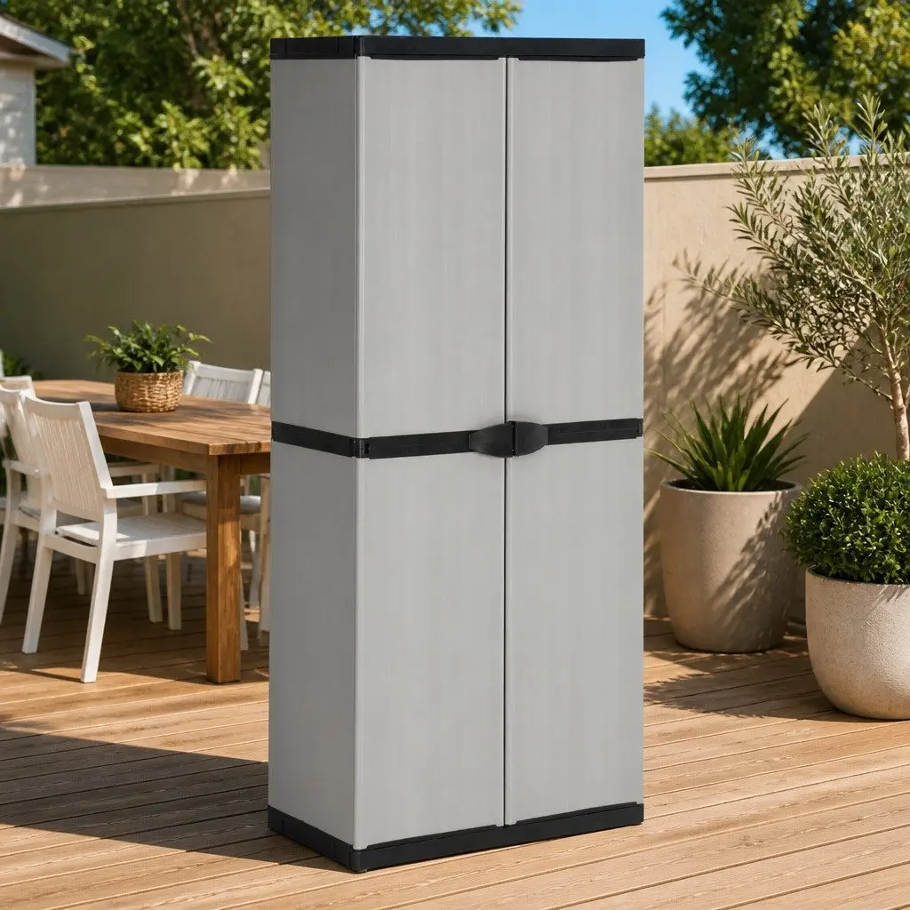 Garden Storage Cabinet PVC 3 Shelf Outdoor Grey Black