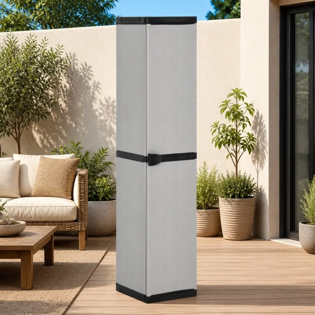 Garden Storage Cabinet PVC Polypropylene 34W x 40D x 168H cm Grey Black 3 Shelves Outdoor Patio Balcony Organiser