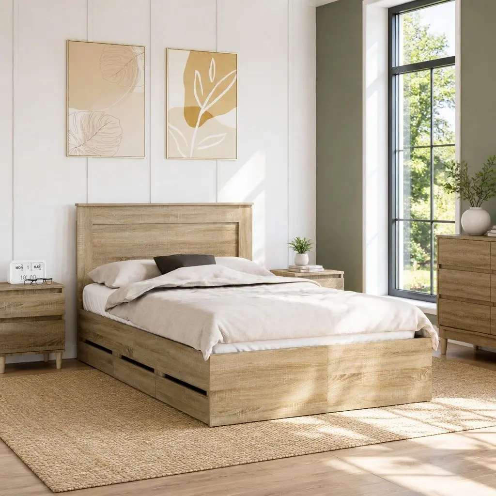Bed Frame Engineered Wood 135 x 190 cm Sonoma Oak Modern with Storage Drawer