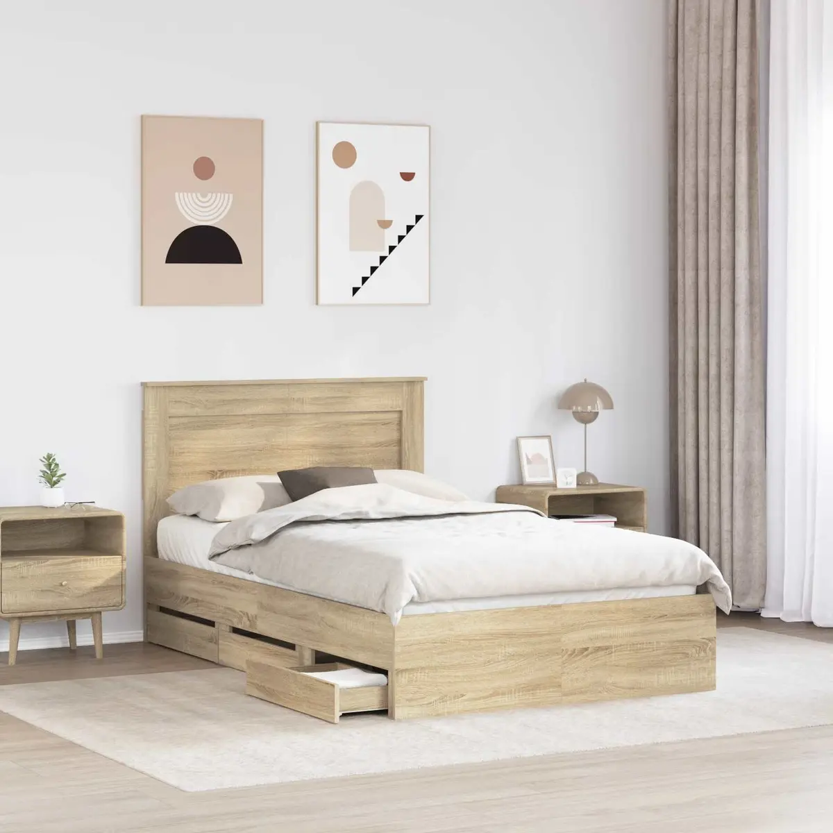 Bed Frame Engineered Wood 135 x 190 cm Sonoma Oak Modern with Storage Drawer