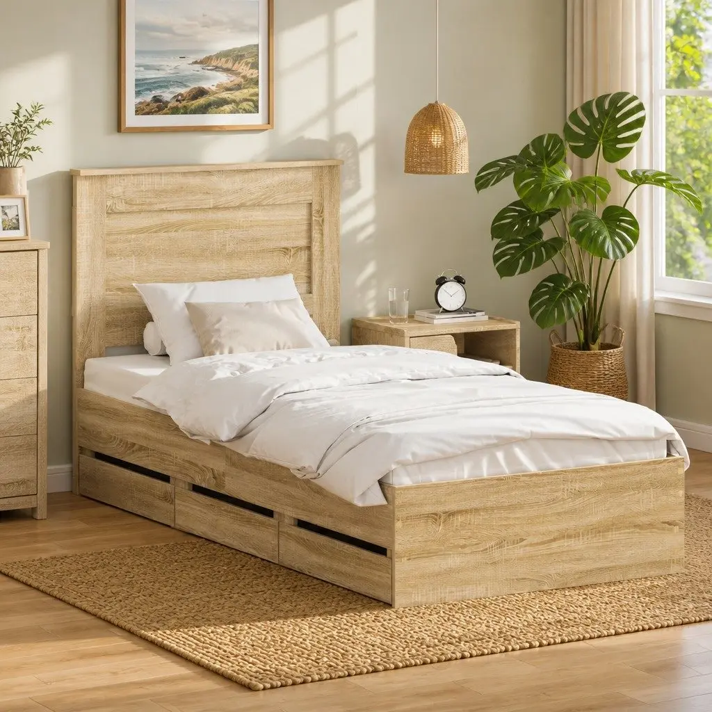Bed Frame Engineered Wood 90 x 190 cm Modern Brown with Storage Drawer