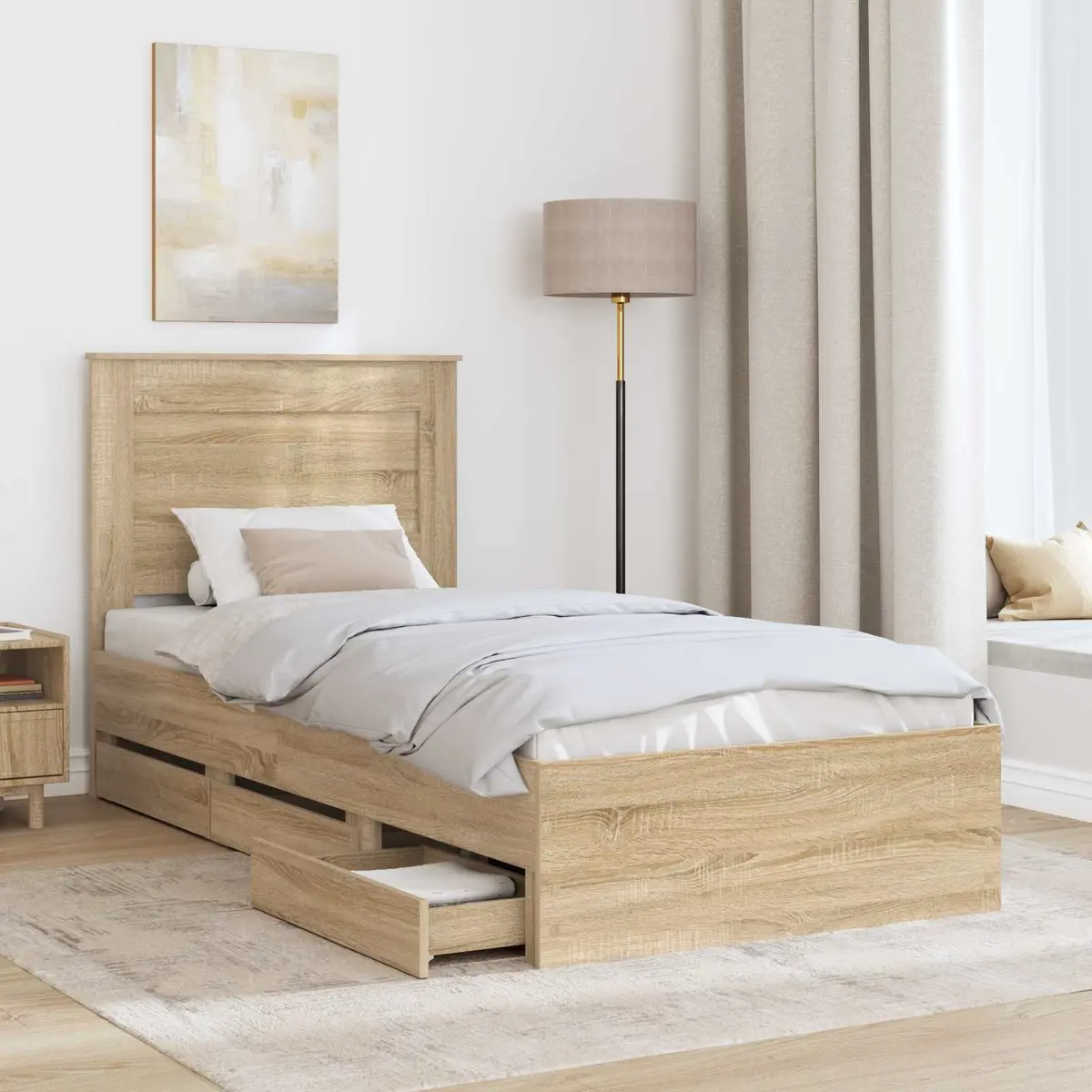 Bed Frame Engineered Wood 90 x 190 cm Modern Brown with Storage Drawer