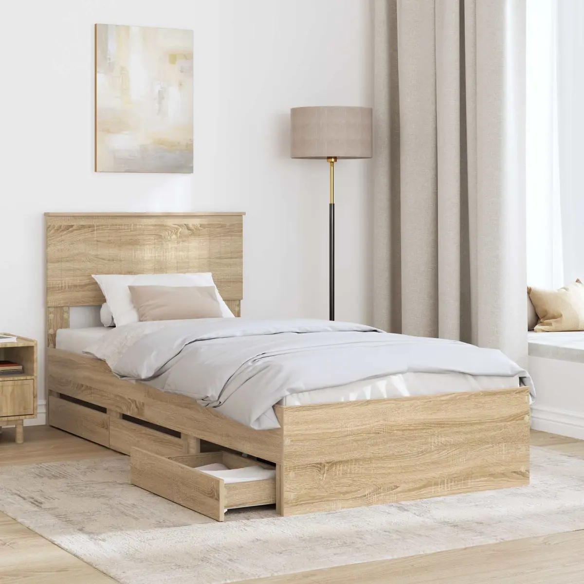 Bed Frame with Storage Drawer Brown 90 x 190 cm Engineered Wood Slatted Base