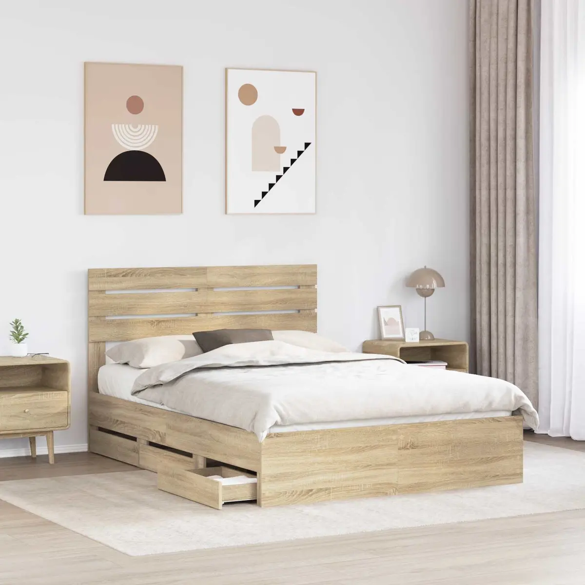 Bed Frame with Storage Drawer Sonoma Oak 150 x 200 cm Modern Bedroom Furniture