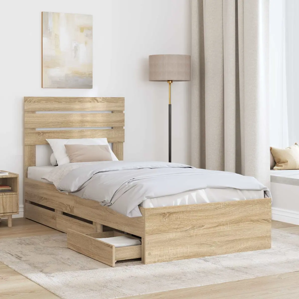 Bed Frame with Drawer Brown Engineered Wood 90 x 190 cm Slatted Modern Bedroom