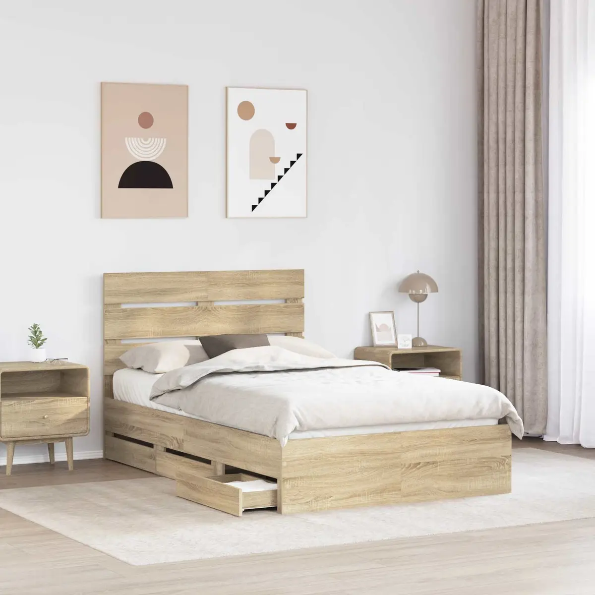 Bed Frame with Drawer Brown Engineered Wood 135 x 190 cm Modern Bedroom