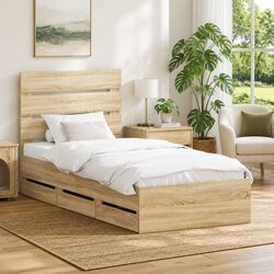 Sonoma Oak Bed Frame with Built-In Drawers 90 x 190 cm