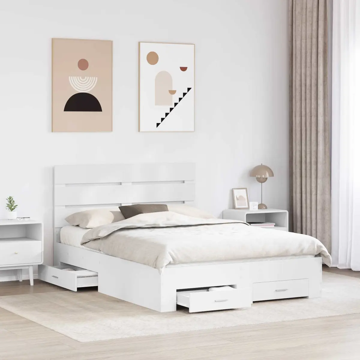 Bed Frame Engineered Wood 150x200cm White Modern with Storage Drawers