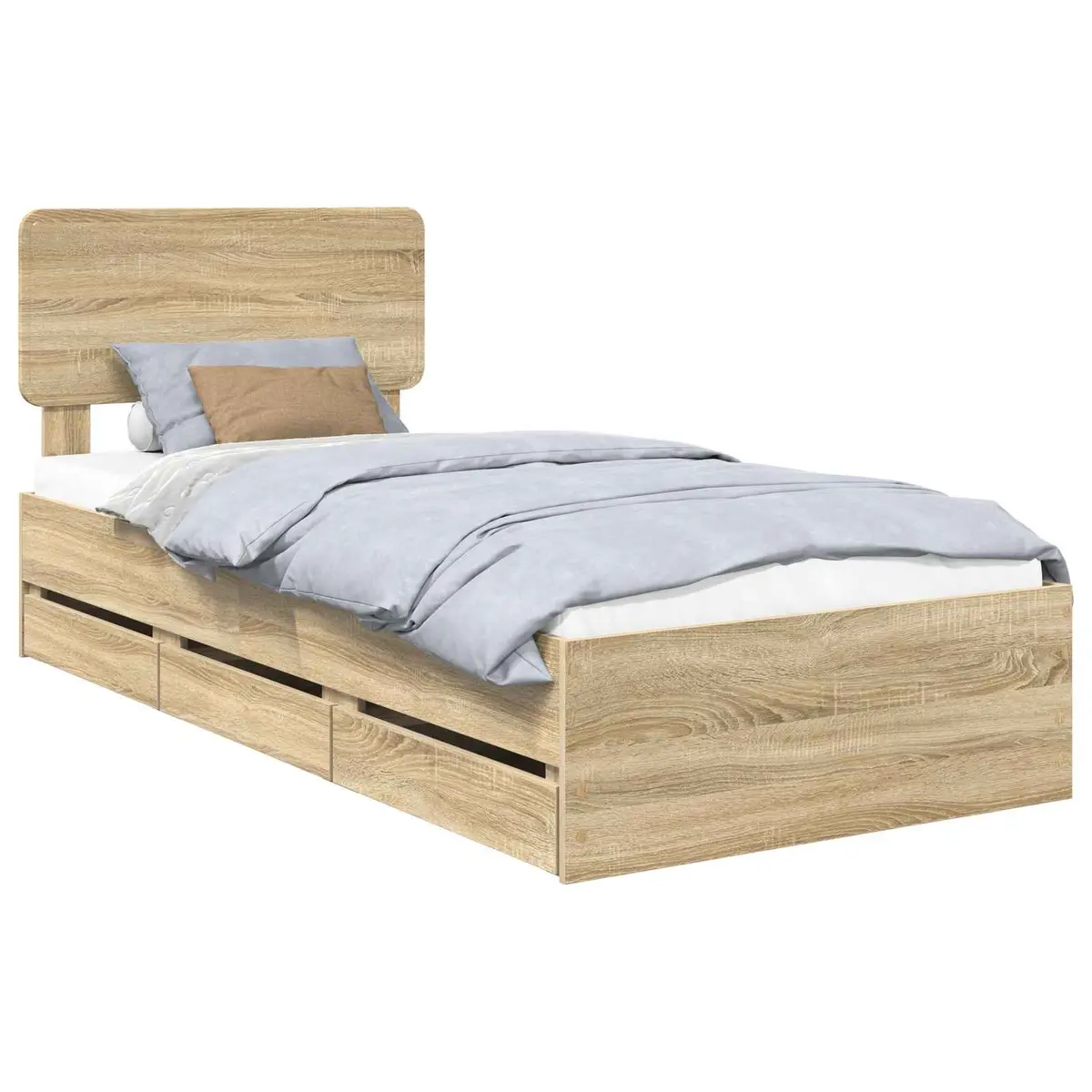 Bed Frame Engineered Wood 90x190cm Brown with Storage Drawers Slatted Base